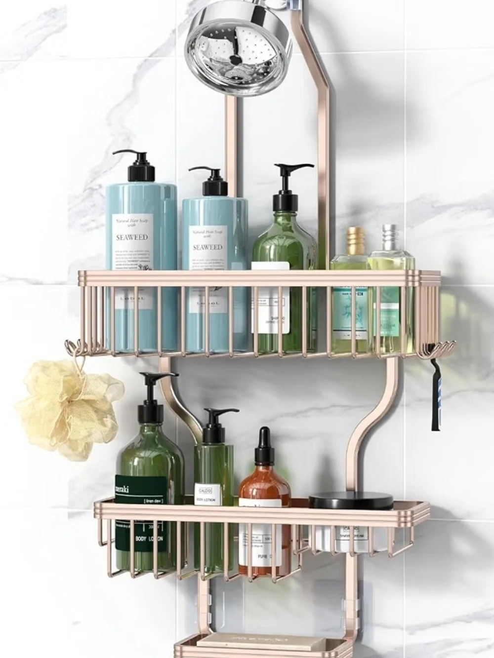 Rose Gold Shower Caddy Shelf Organizer - Wall-Mounted Bathroom Storage